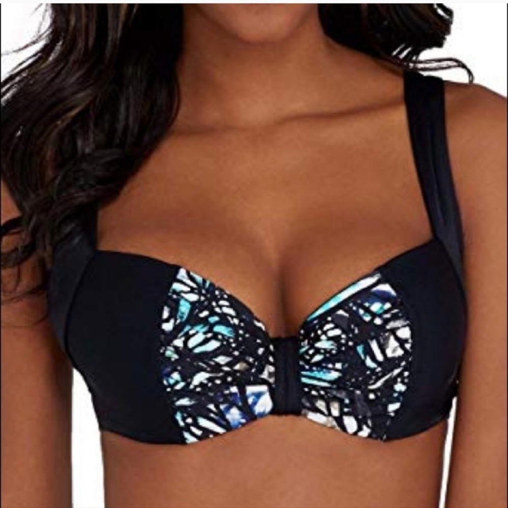 Panache Black Bikini Top with Blue & White Mosaic Accents